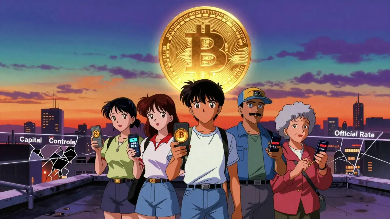 A group of Argentines on a rooftop watch a glowing Bitcoin coin in the sky, symbolizing digital savings amid economic collapse.