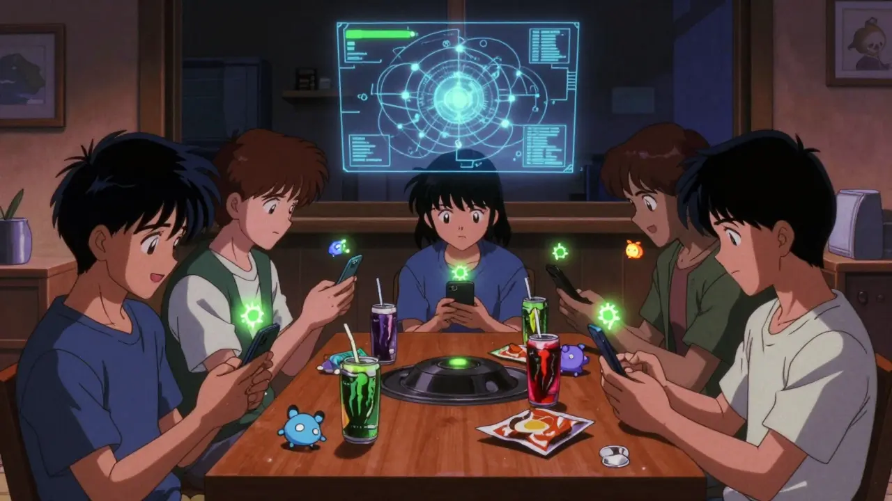 A group of friends mining IC tokens on their phones at night, surrounded by glowing digital tokens and holographic charts.