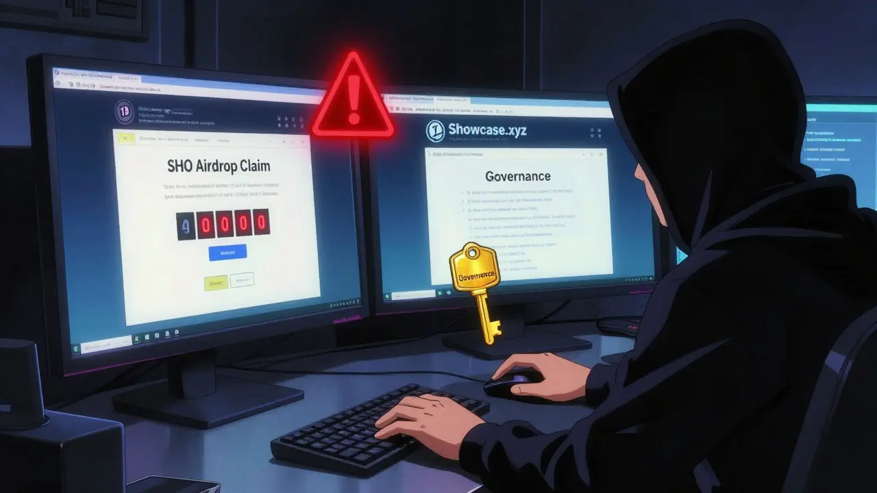 A hacker faces a fake SHO airdrop site vs. the real Showcase.xyz, with glowing warnings in 90s anime style.
