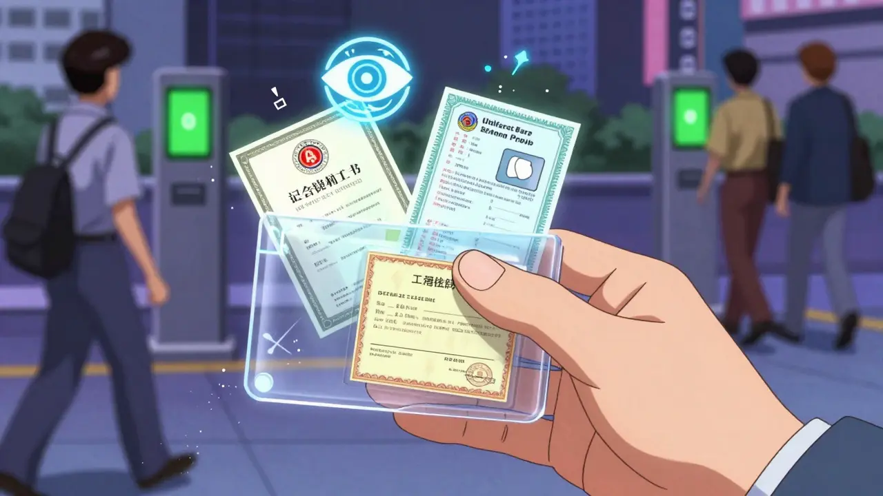 A hand holds a digital wallet with floating NFT documents, surrounded by a ZKP symbol.