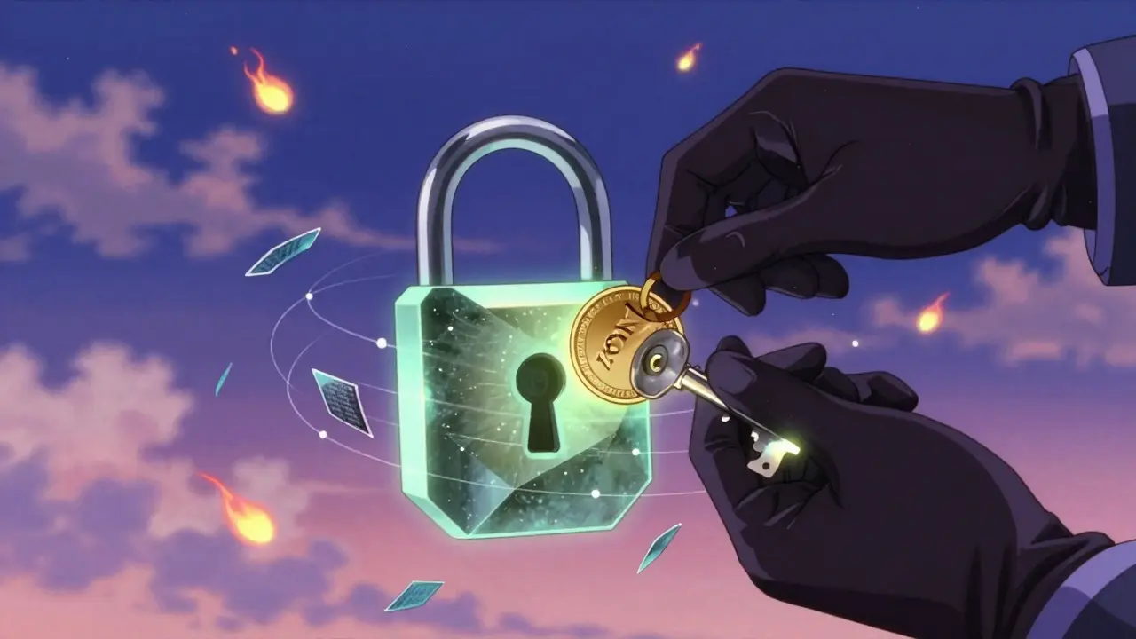 A hand placing a ZCN token into a glowing lock as encrypted fragments spiral around it.