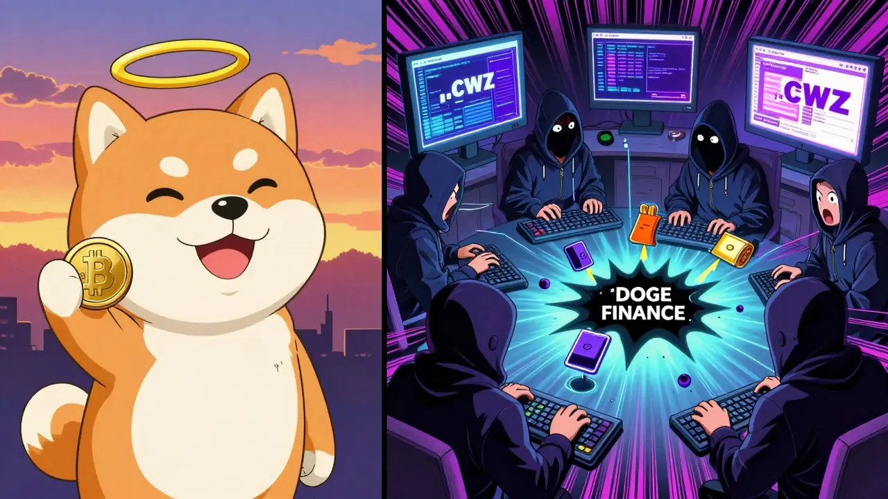 A heroic Dogecoin mascot beside a chaotic hacker lair with draining wallets and fake websites.