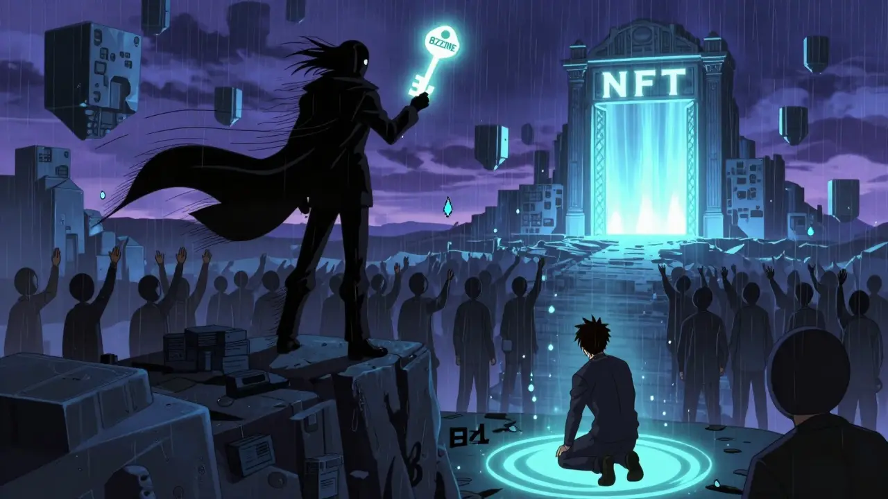 A masked figure holds a BZZONE key as others reach for it, while one player stakes tokens below in a cinematic anime scene.