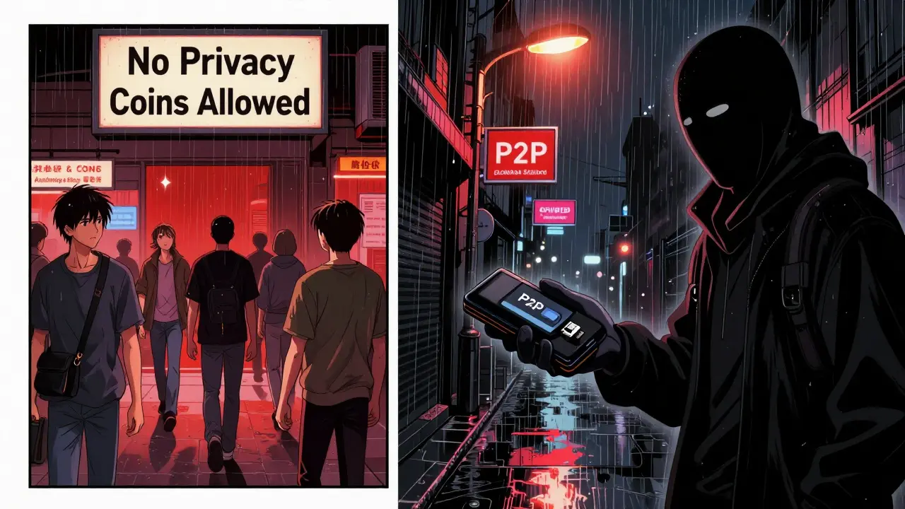 A shadowy P2P crypto trade occurs in a rainy alley while a regulated exchange rejects privacy coins.