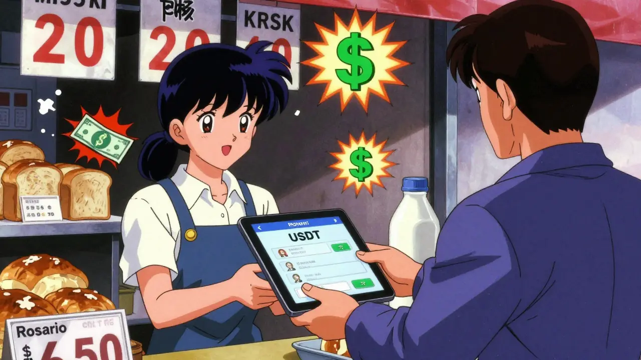 A small business owner in Argentina sends a stablecoin payment to a supplier, while inflation symbols destroy peso bills nearby.