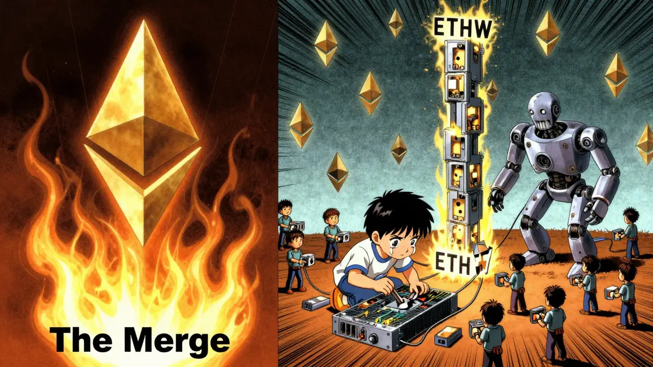 A split scene: Ethereum burning as ETHW is sustained by miners handing over GPUs to a dying robot.