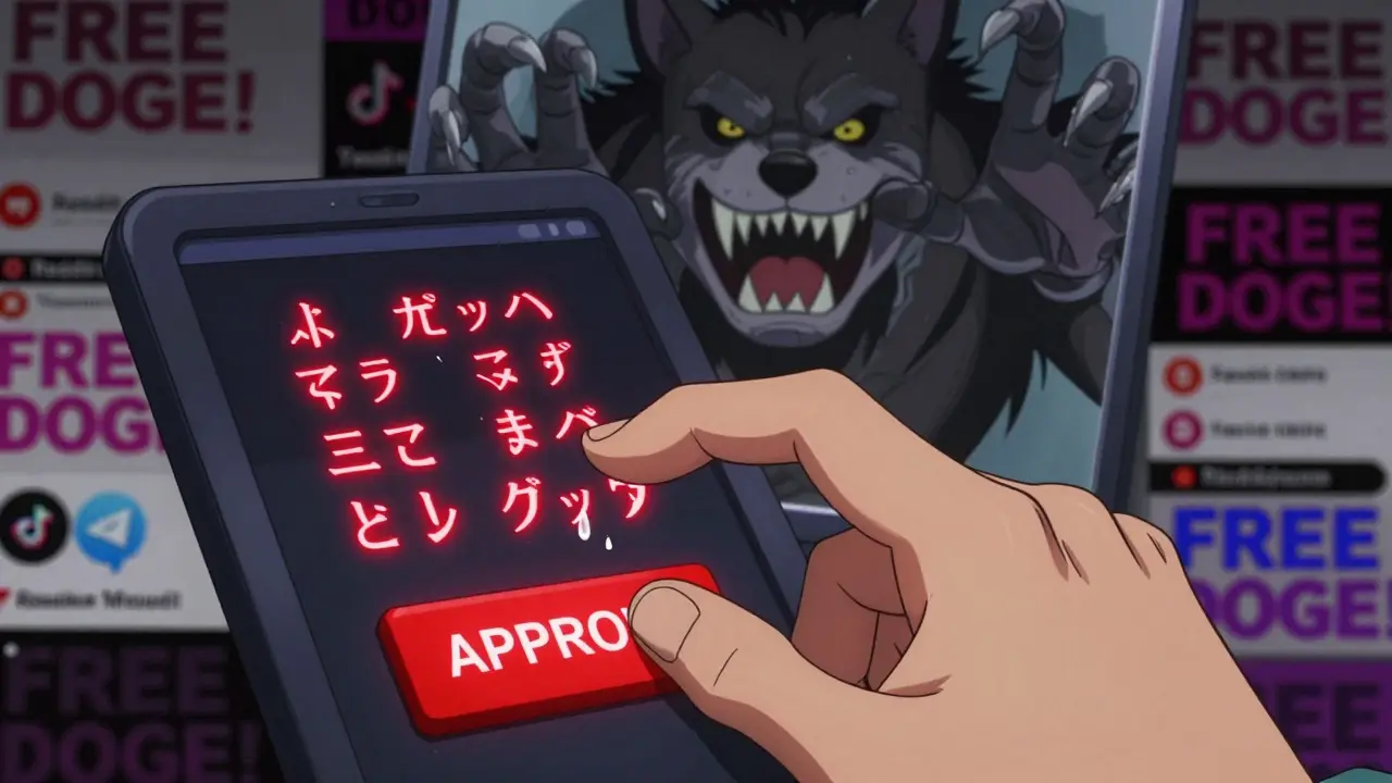 A trembling hand about to approve a scam transaction, with a monstrous Dogecoin reflection in the background.