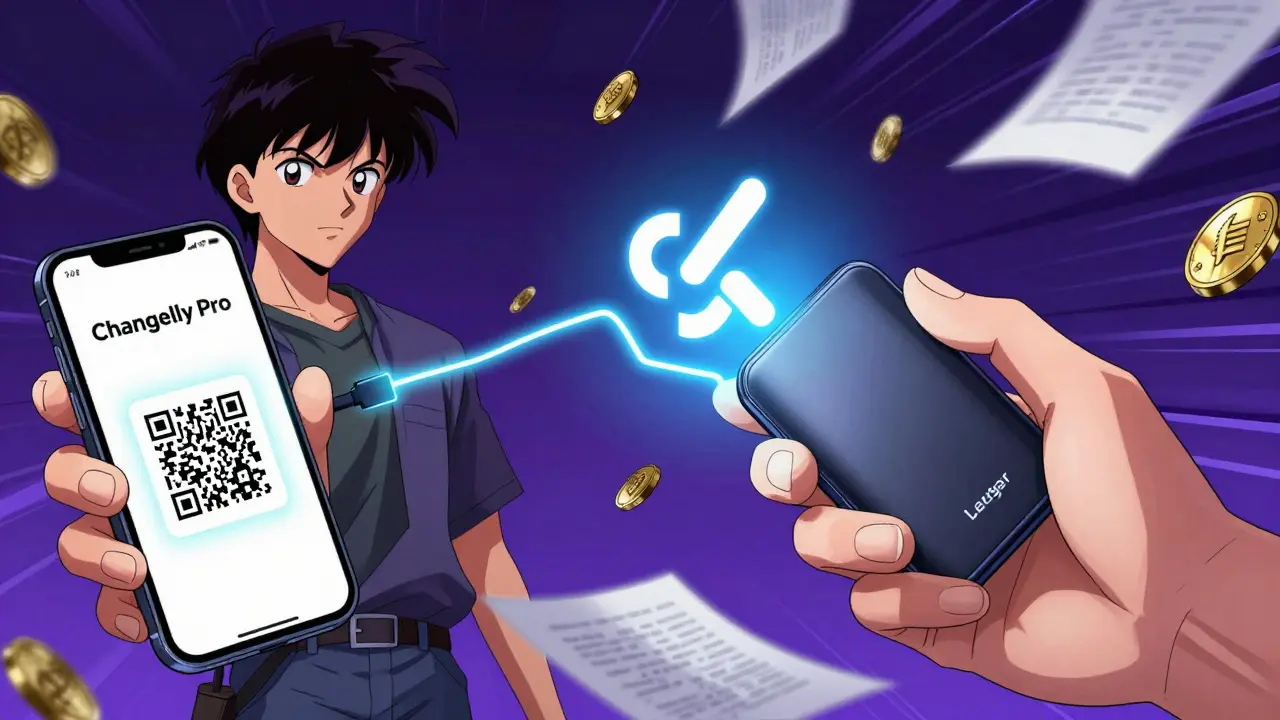 A user swapping altcoins on a smartphone while connected to a hardware wallet via a glowing data stream.