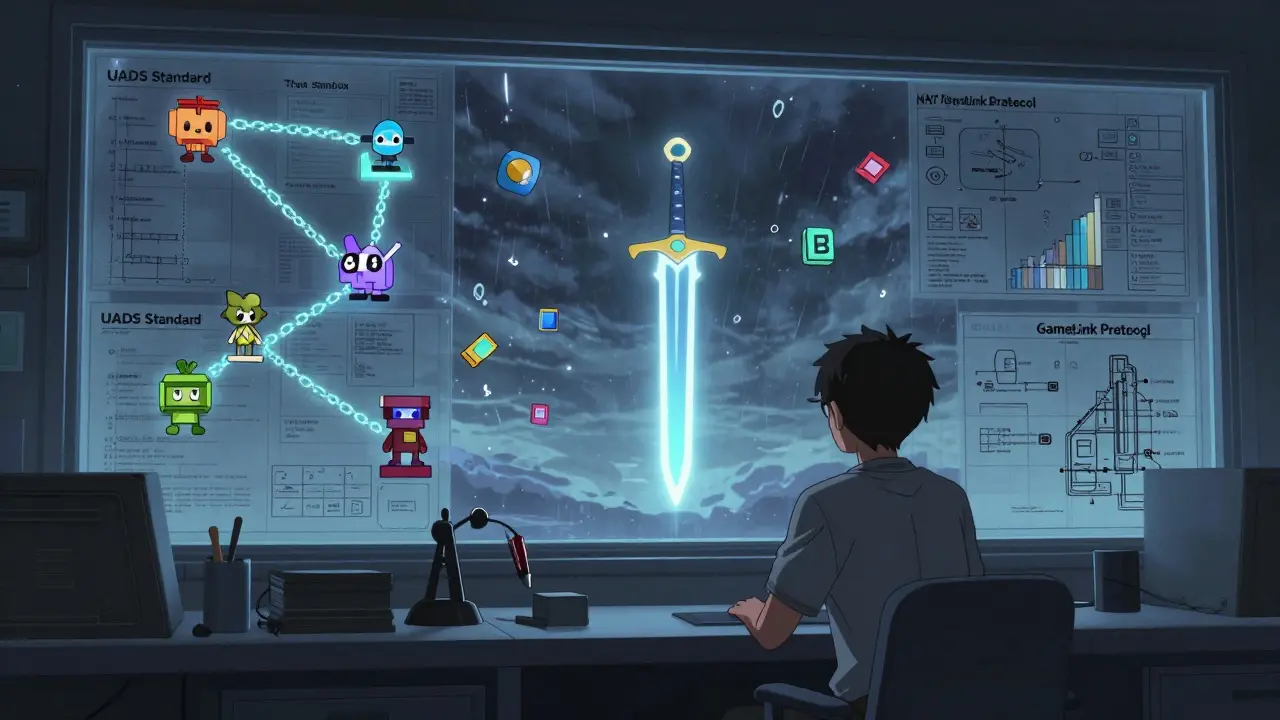 An indie developer studying blockchain blueprints as connected game worlds glow in the background.