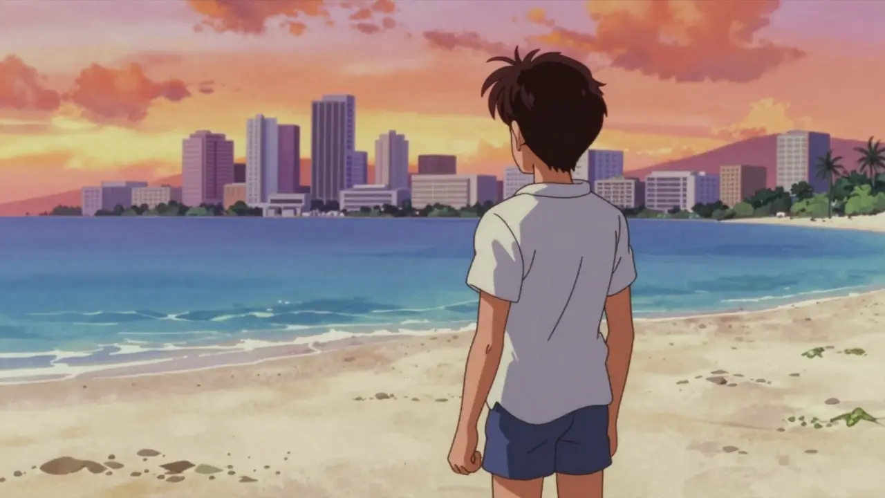 Anime character on tropical beach looking at distant city skyline.