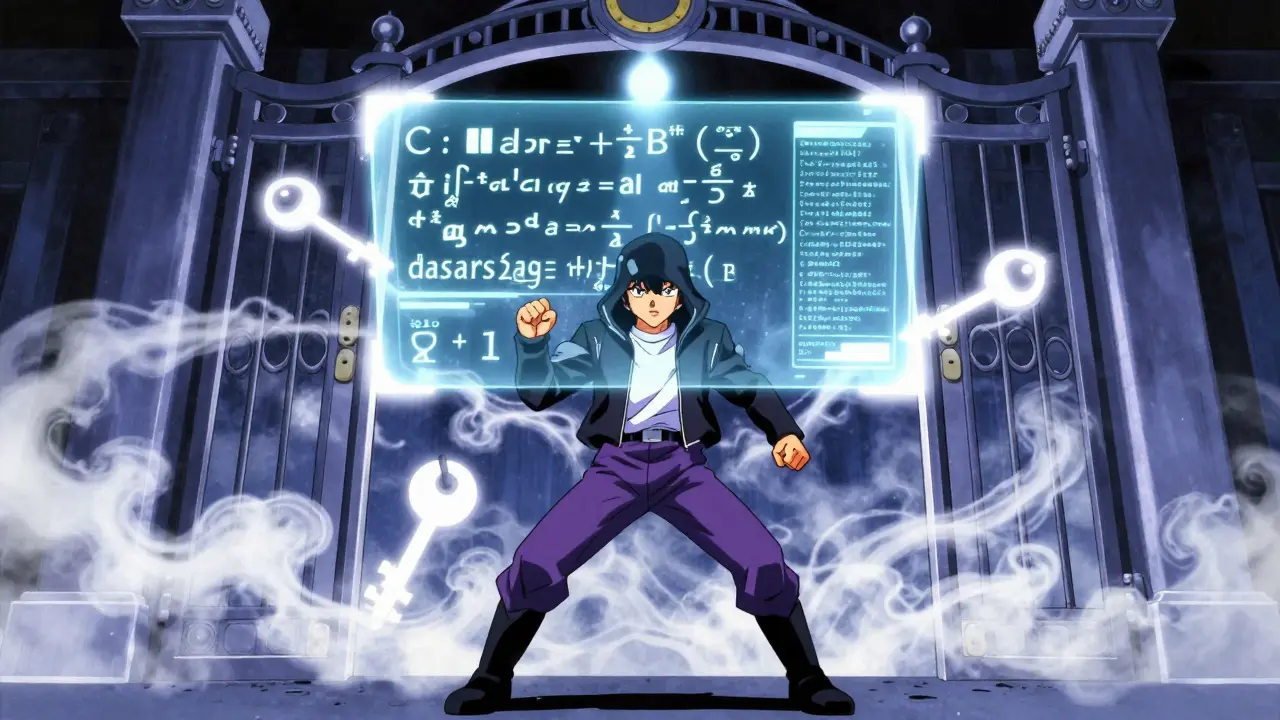 Anime character opening an encrypted gate using floating mathematical equations instead of keys.