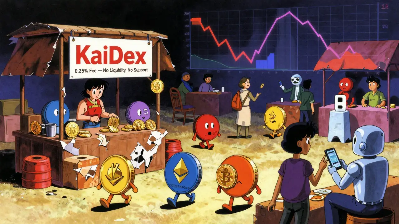 Anthropomorphic crypto coins walk away from a tiny, crumbling stall labeled KaiDex holding only one token, while other stalls thrive nearby.