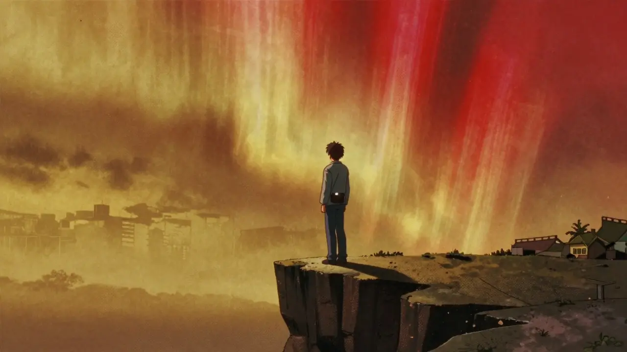 Character watching colorful aurora sky above dark cliff