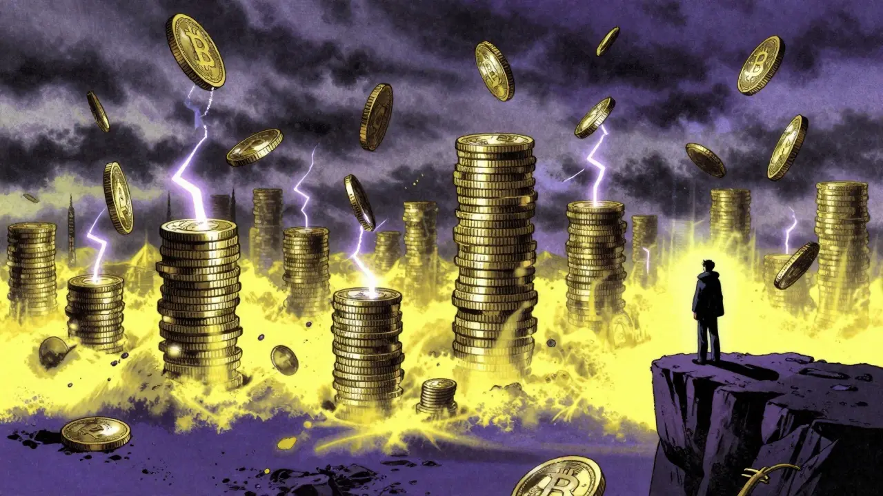 Coins stacked high in stormy sky watched by silhouette.