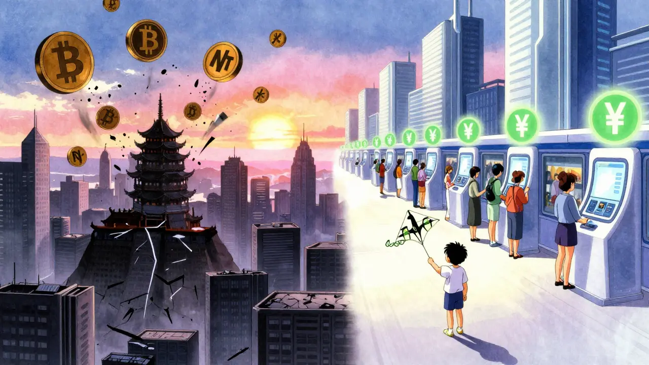 Contrasting scenes: a crumbling crypto-filled city vs. a bright future where people use digital yuan, with a child holding a blockchain-shaped kite.