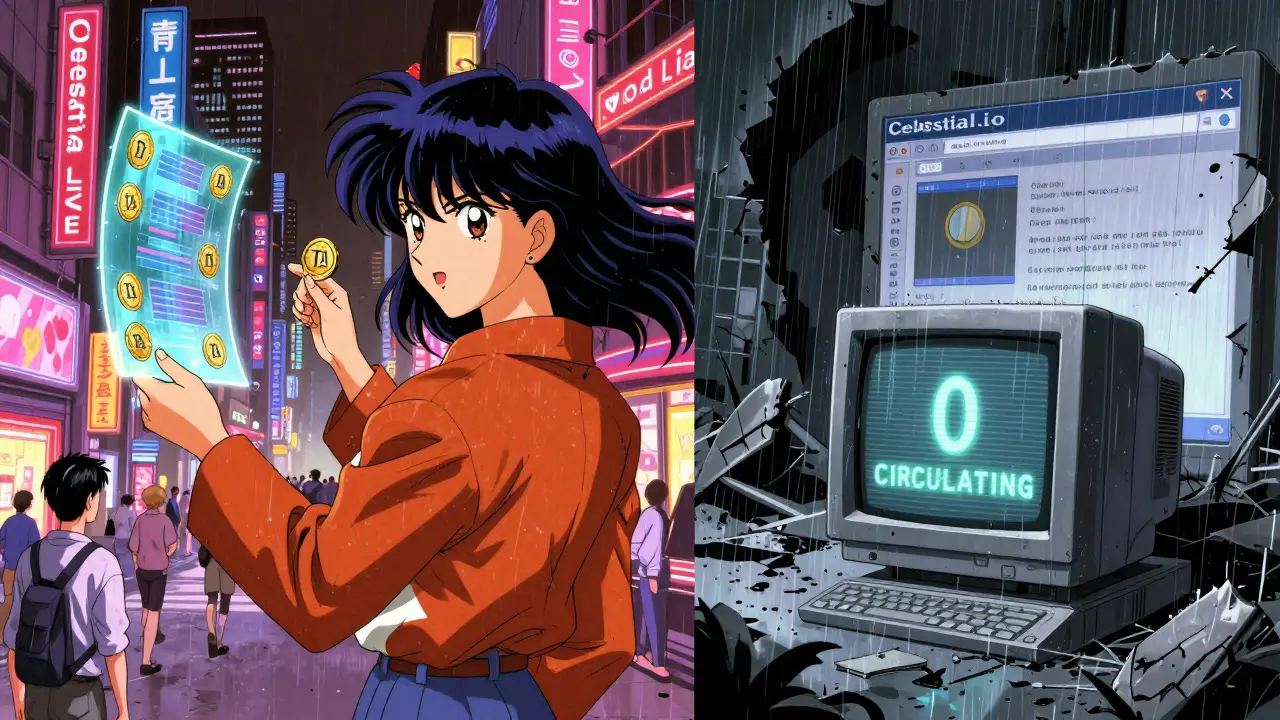 Contrasting vibrant Celestia city with ruined Celestial website under rain, symbolizing life vs. abandonment.