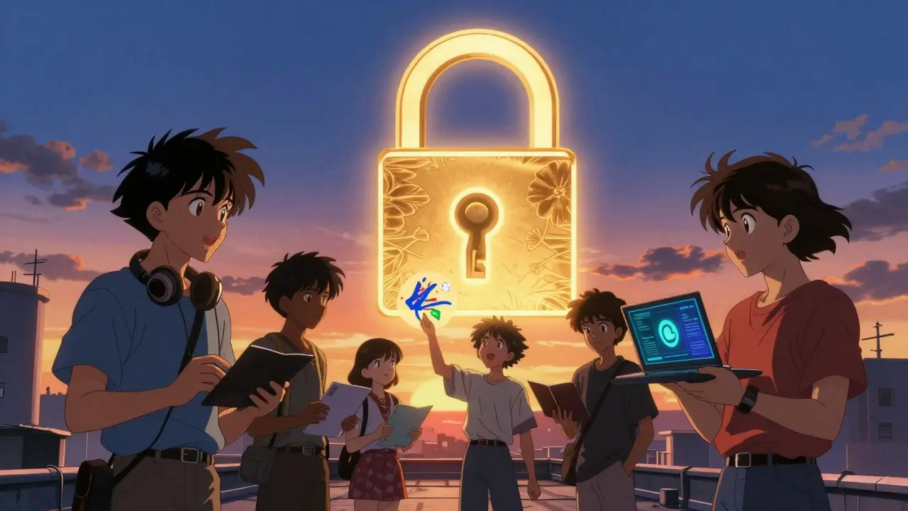 Creators on a rooftop hold NFTs as a SHO token glows like a key above them, in 90s anime style.