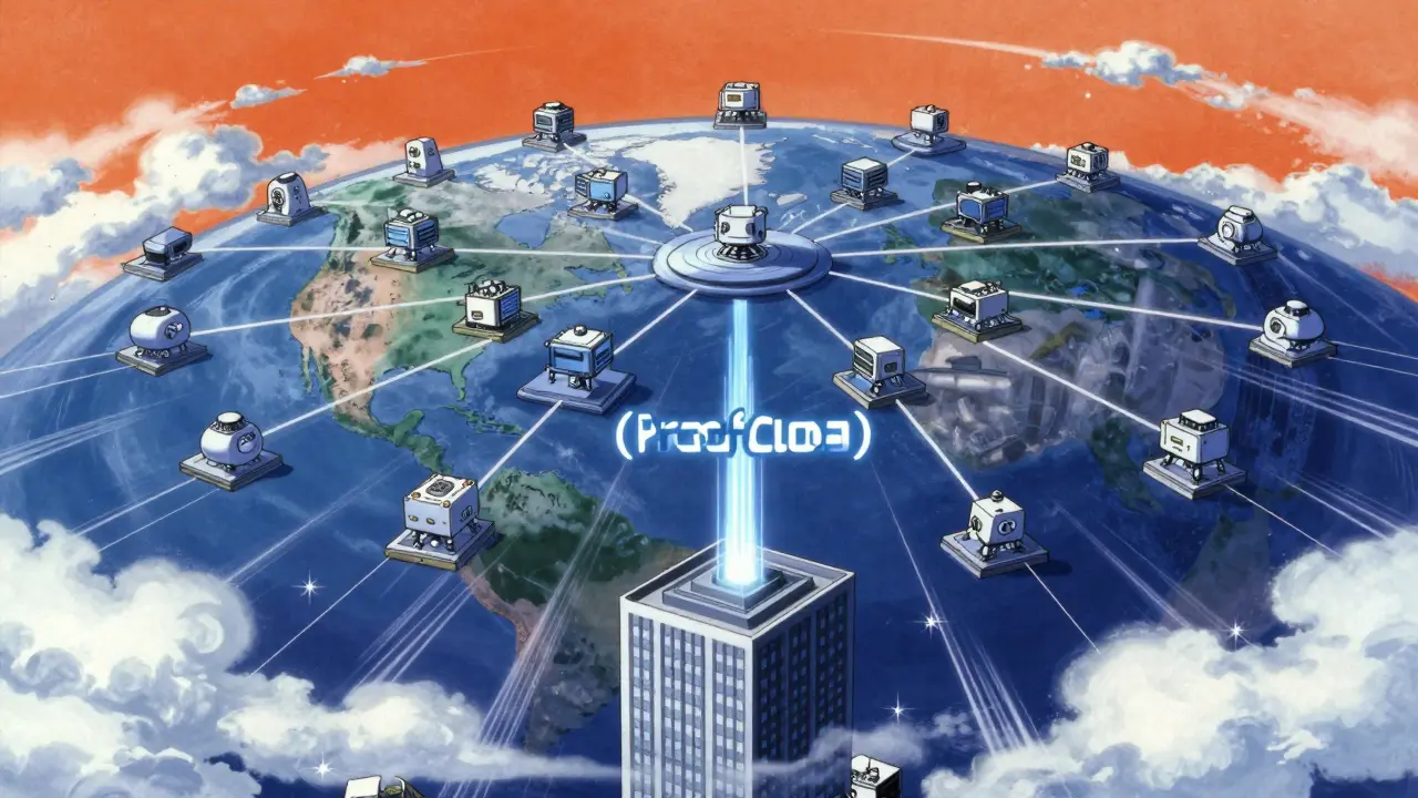 Decentralized cloud robots processing data above a planet connecting to skyscrapers.