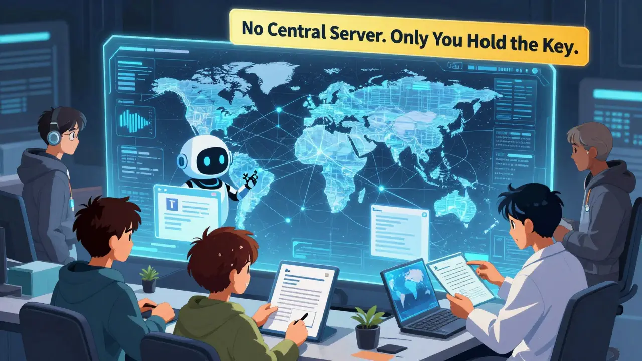 Developers working with a holographic network of encrypted nodes and AI assistants.