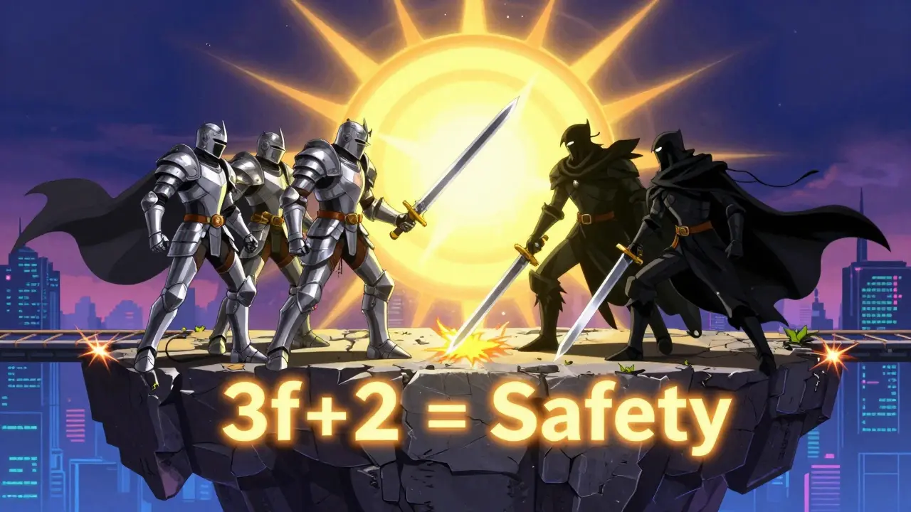Five armored knights defending a blockchain bridge against two traitors, golden light behind them, words '3f+2 = Safety' carved in stone.