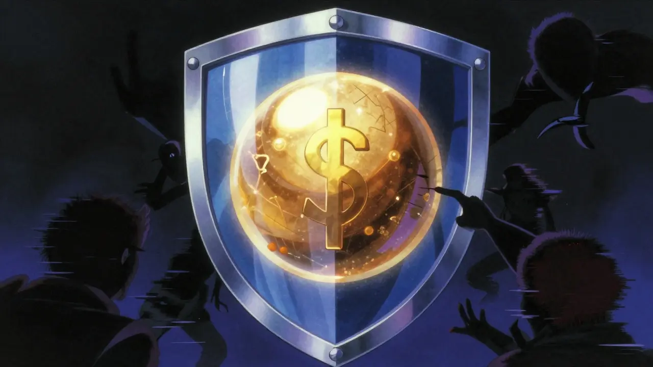 Glowing shield protecting digital assets from shadowy threats.