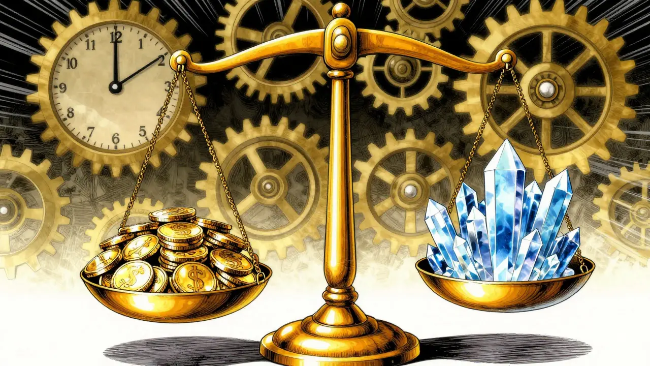Golden balance scale weighing coins against crystals in dynamic ink style.