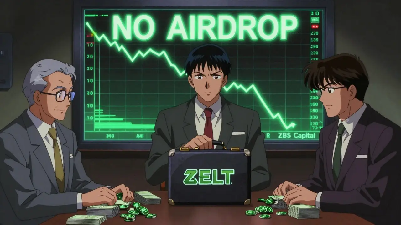 Investors in 90s business suits cashing out CELT tokens while a price chart plummets behind them.