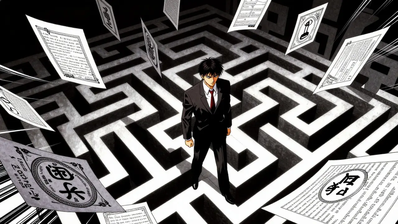 Manga character navigating labyrinth of legal seals and stamps.