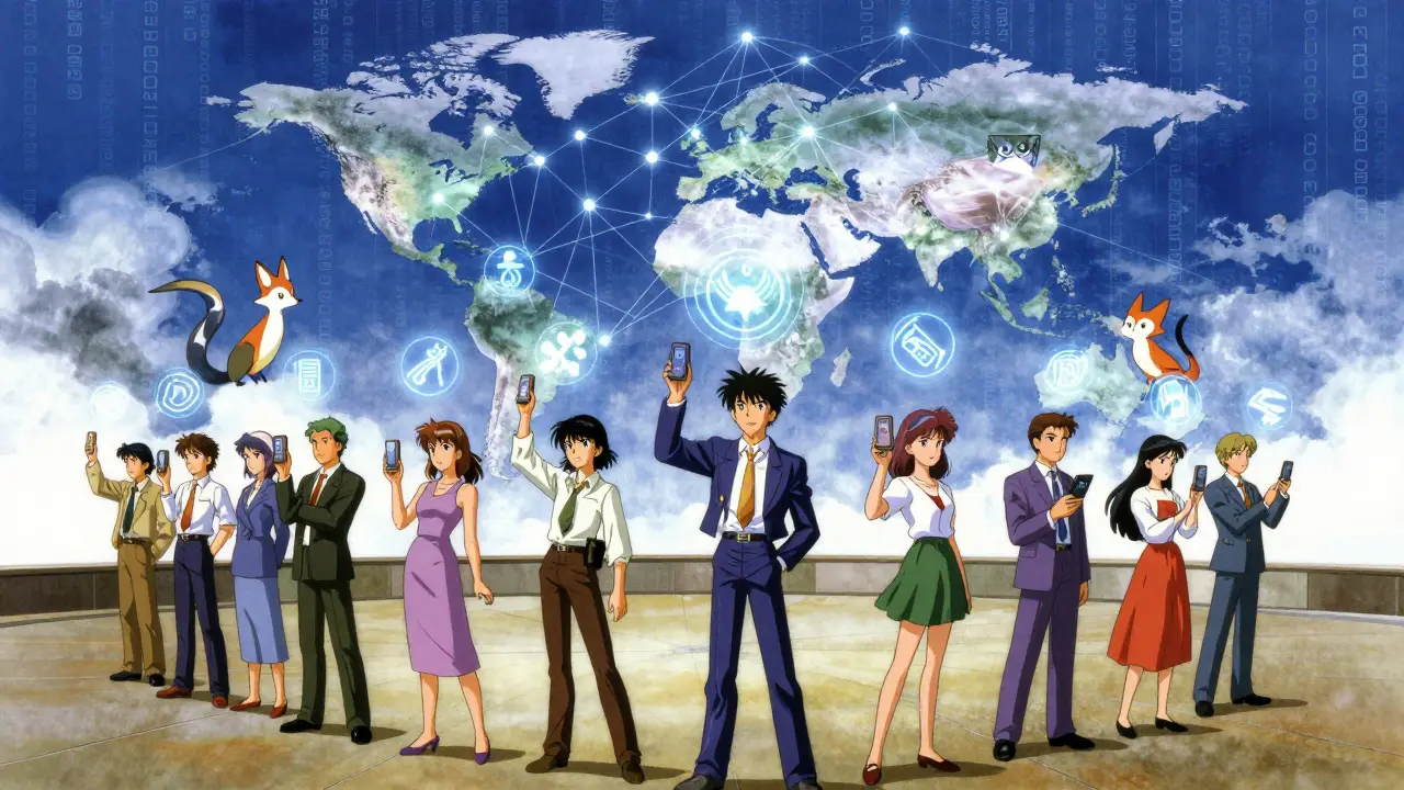 People in a chamber project their decentralized IDs as glowing sigils, connected by a blockchain web.