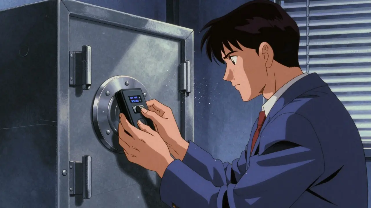 Person placing security device inside a reinforced metal safe.