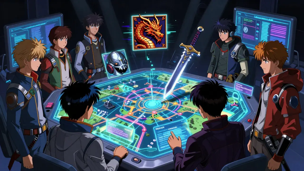 Players gathered around a glitching hologram displaying failed NFT transfers with error messages.