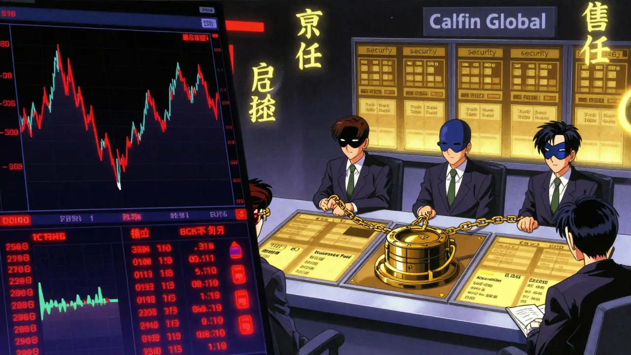 Split-screen showing chaotic markets versus a calm, secure trading floor with golden approval panels.