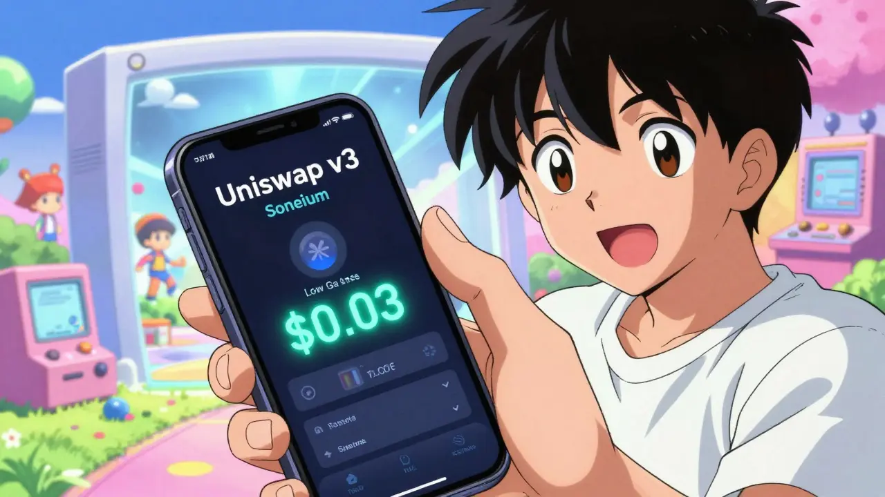 Teenager using a smartphone to swap crypto tokens with a <h2>Bridge Delays and Network Setup</h2>.03 gas fee, surrounded by anime and gaming visuals.
