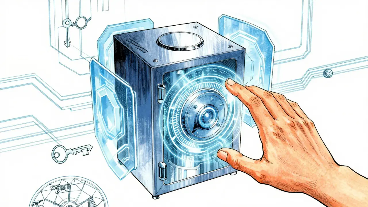 Transparent digital vault with rotating energy shields.