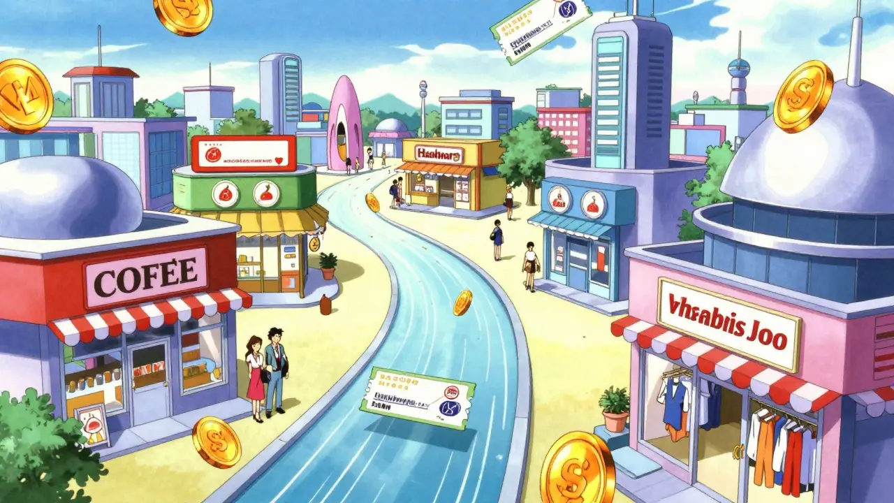 90s anime concept of gold tokens connecting various retail stores in a futuristic city
