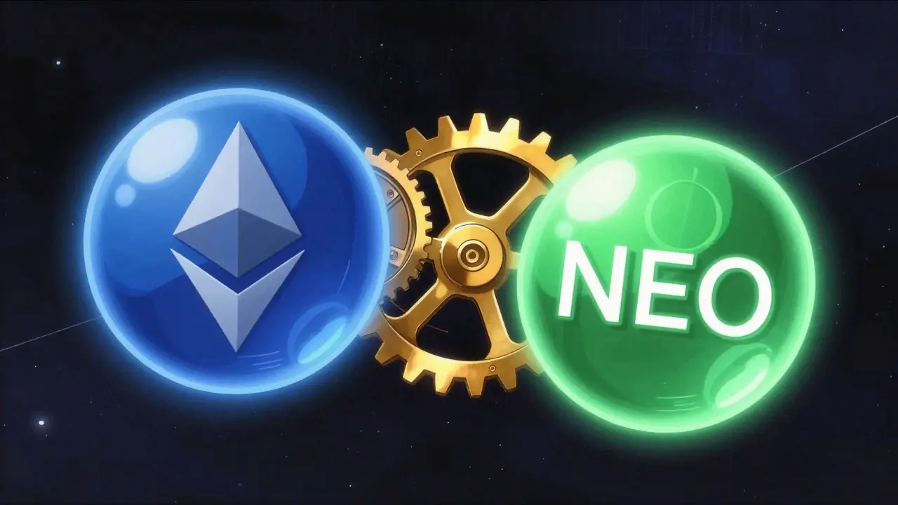 90s anime illustration of two glowing crypto assets connecting via a golden smart contract