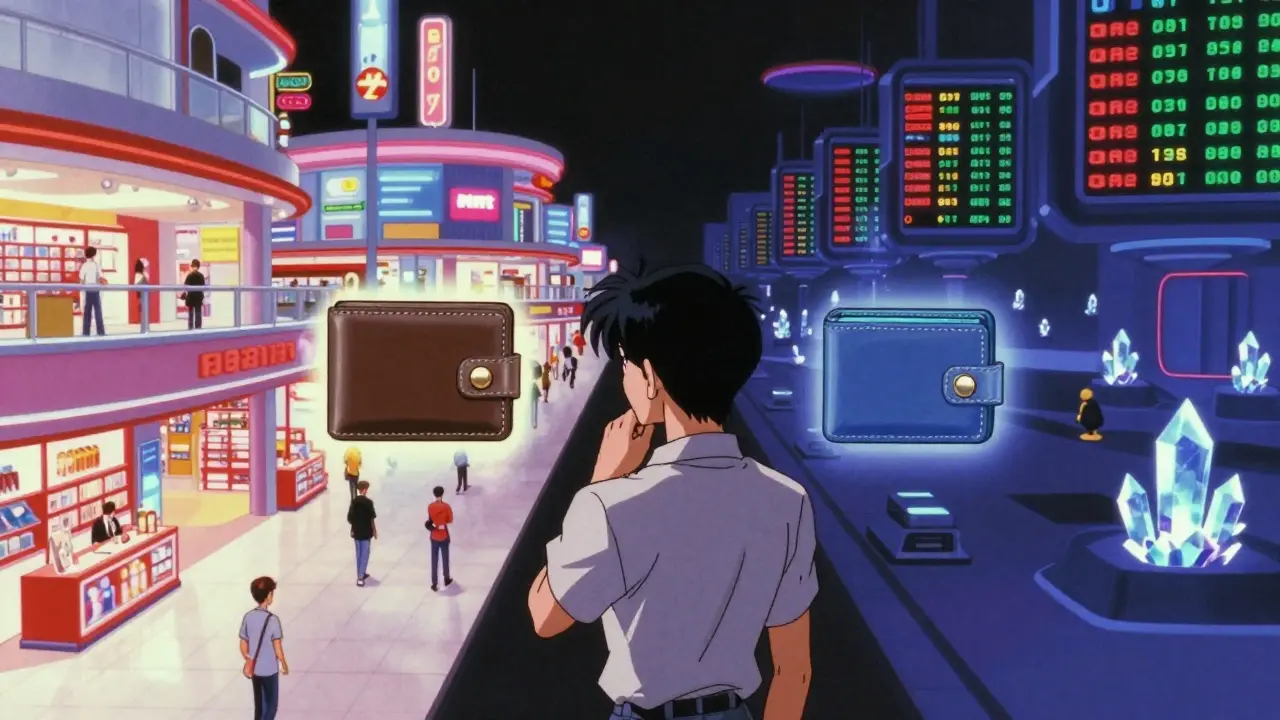 90s anime illustration showing a choice between a digital mall and a gaming arena