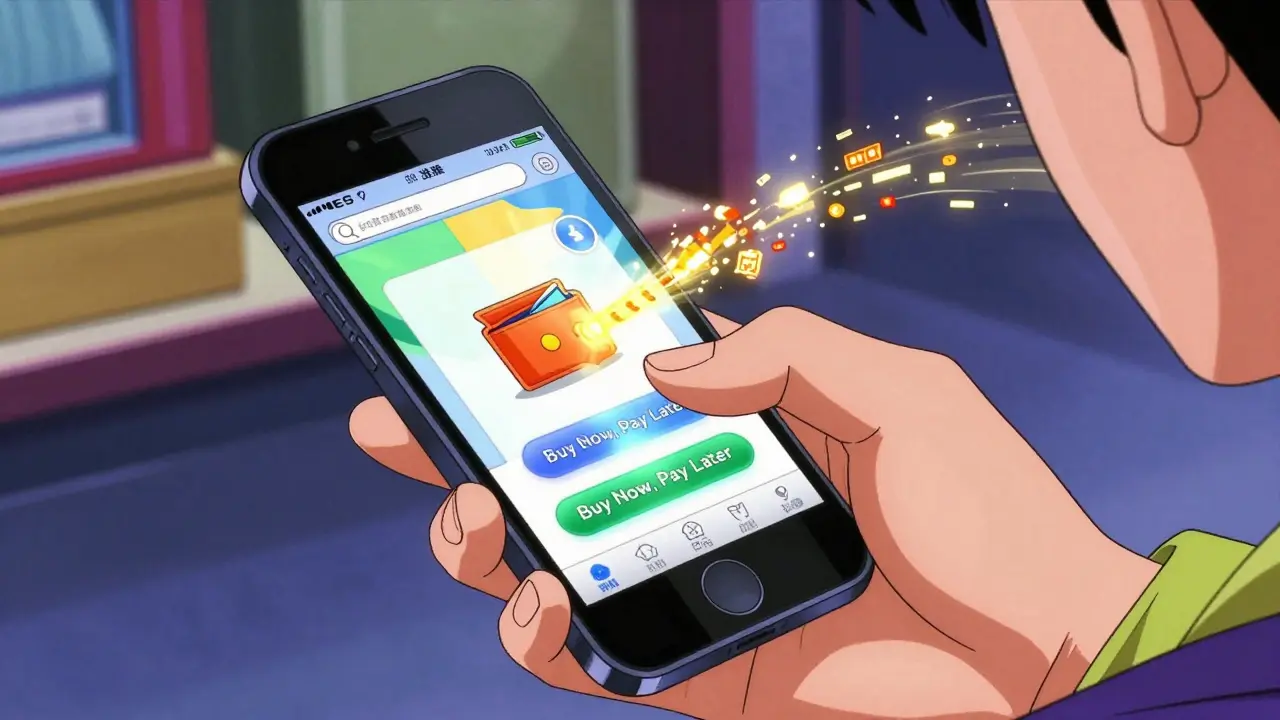 90s anime scene of a person using a Buy Now Pay Later feature on a smartphone app.