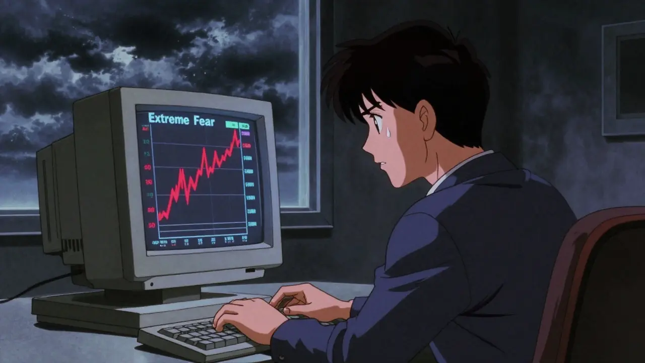 90s anime scene of a worried trader looking at a crashing red price chart on a retro monitor.
