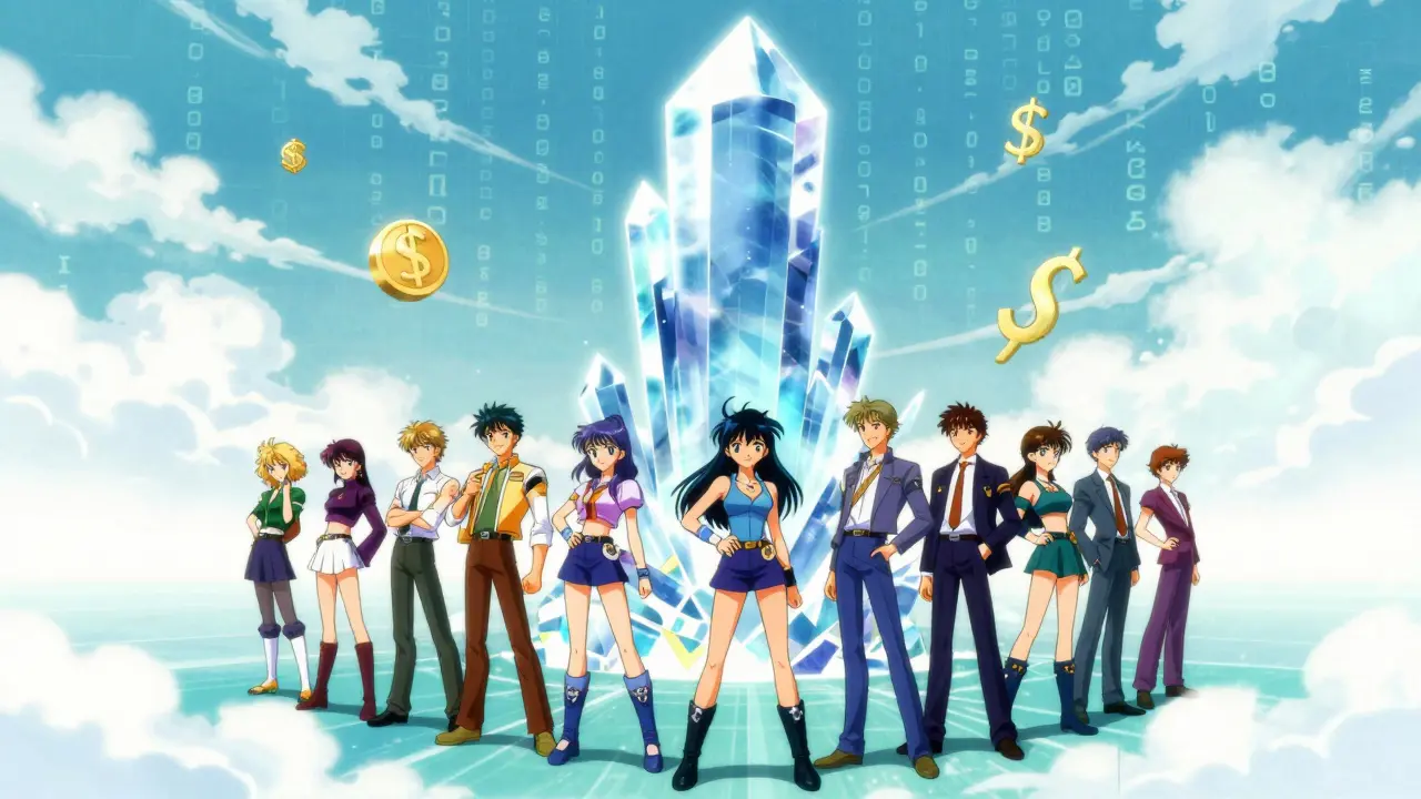 90s anime style characters gathered around a glowing digital crystal pillar