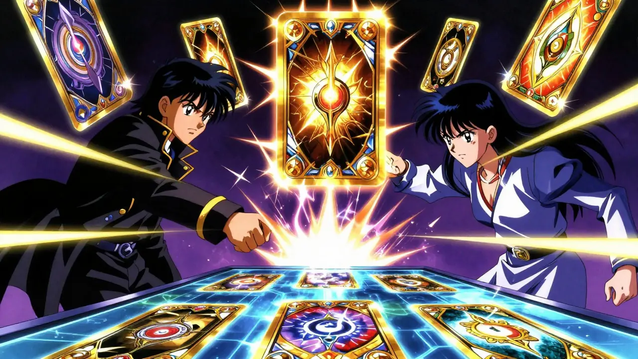 90s anime style digital card game battle with glowing holographic cards and energy