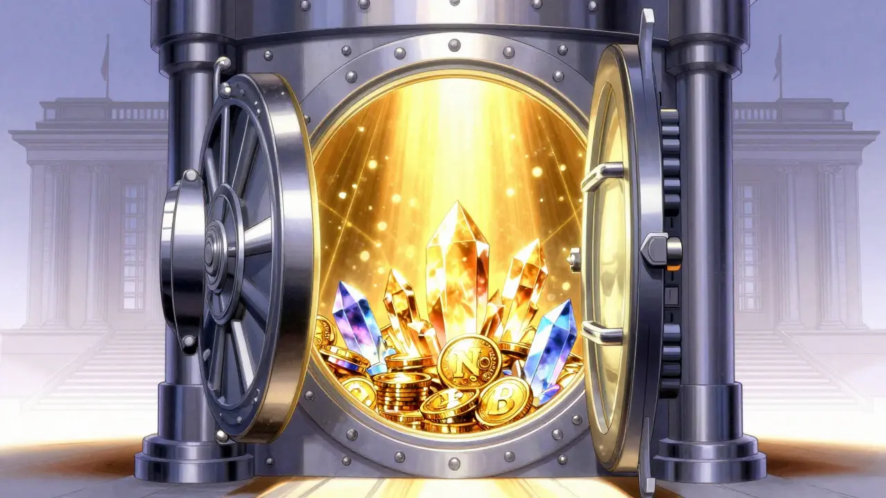 90s anime style digital vault revealing glowing crypto assets and NFTs.