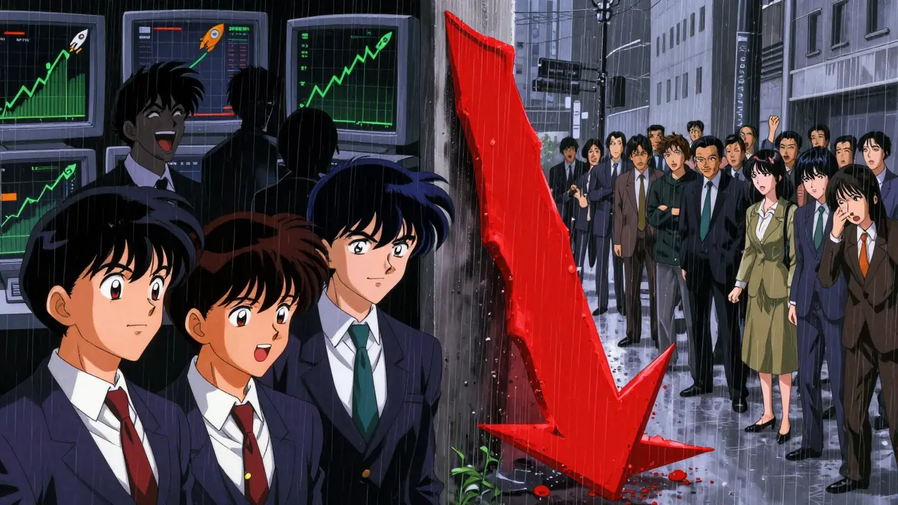 90s anime style scene of a crypto market crash with shadowy manipulators and sad investors