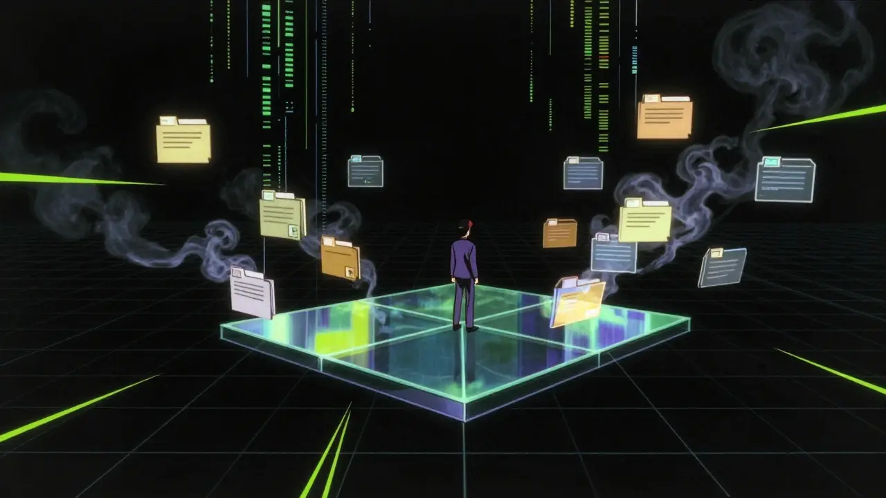 A character standing in a dark, empty digital void representing a lack of records.