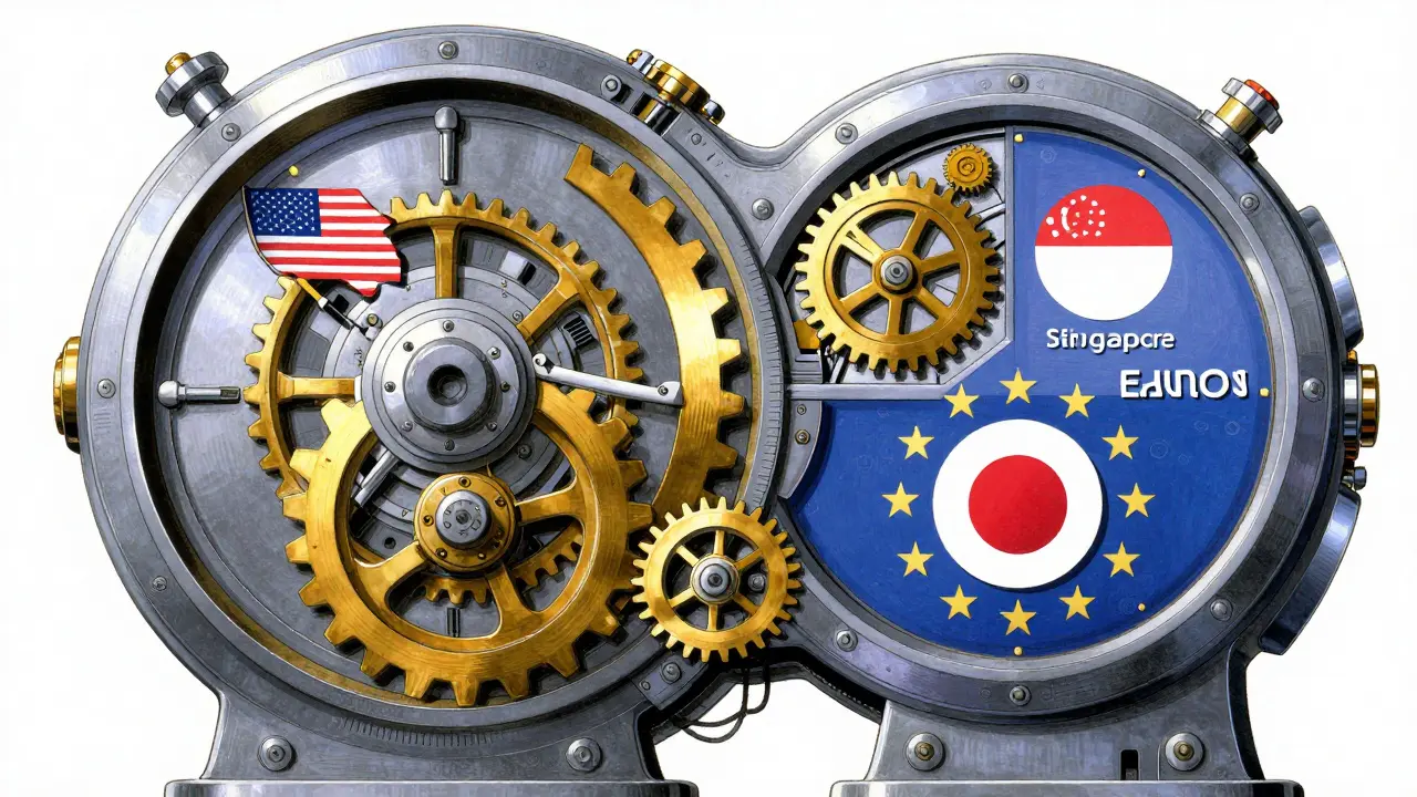 A complex mechanical engine representing a global crypto compliance system in anime style.