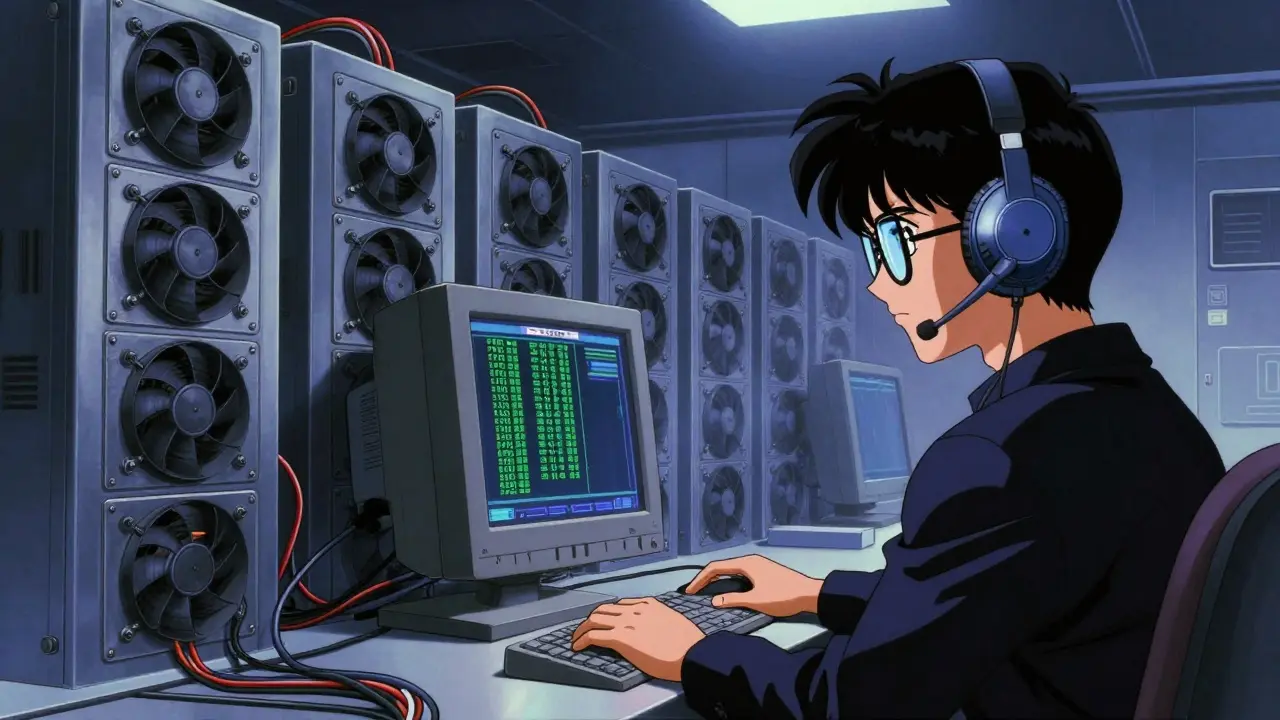 A cyberpunk 90s data center with industrial mining hardware and a technician at a CRT monitor.