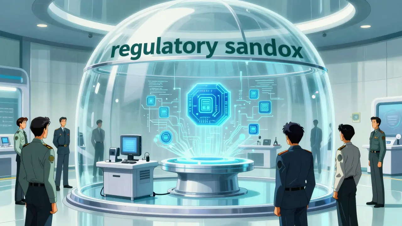 A futuristic blockchain laboratory inside a secure dome, 90s anime style
