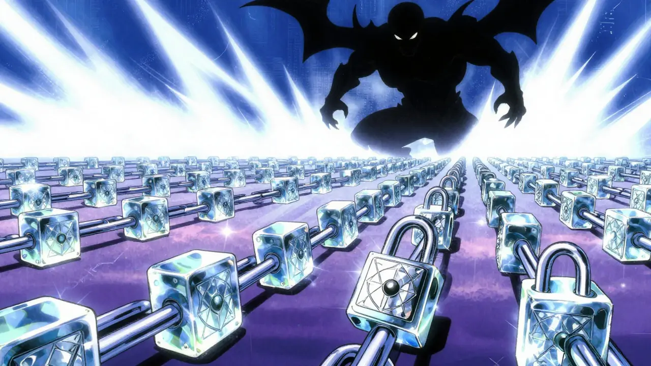 A glowing chain of digital blocks protected by a wall of white light against a dark shadow.