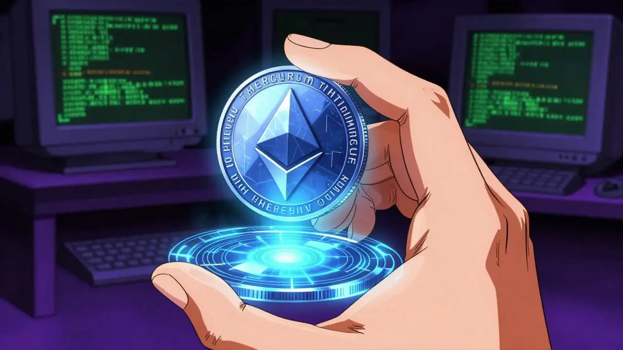 A glowing digital coin held over a holographic Ethereum network interface in 90s anime style.