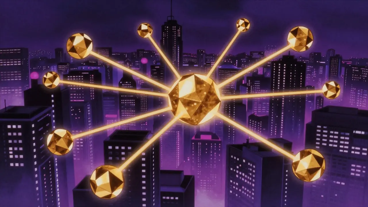 A neon cyber-city with numerous floating spheres linked by pulsing gold beams of light.